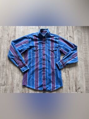 Western cowboy country rodeo Striped Blue & Burgundy Long-Sleeve Button-Up Shirt